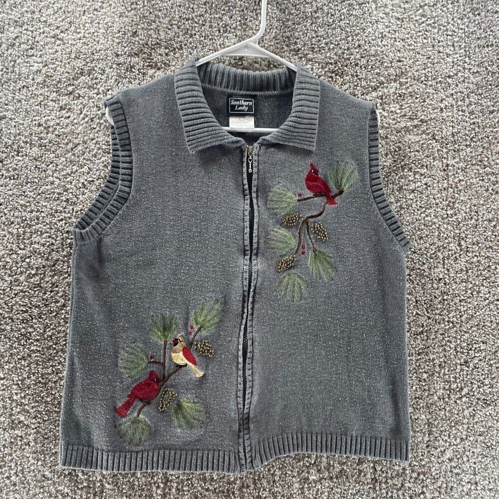 Southern Lady Sweater Vest Womens Large Grey Cardinal Birds Nature Vintage Prep‎